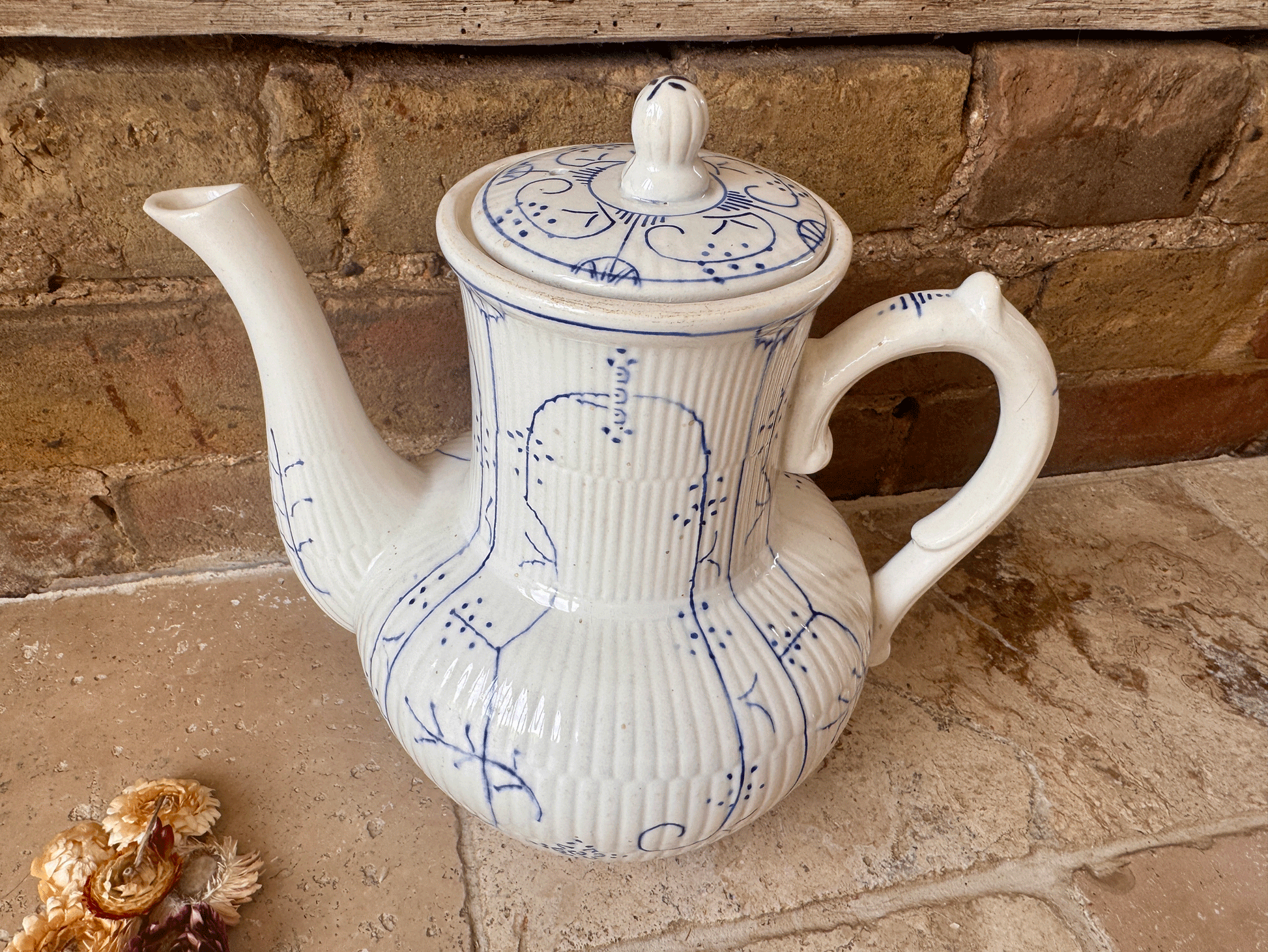 antique 1920s ironstone boch freres coffee teapot fluted blue copenhagen pattern