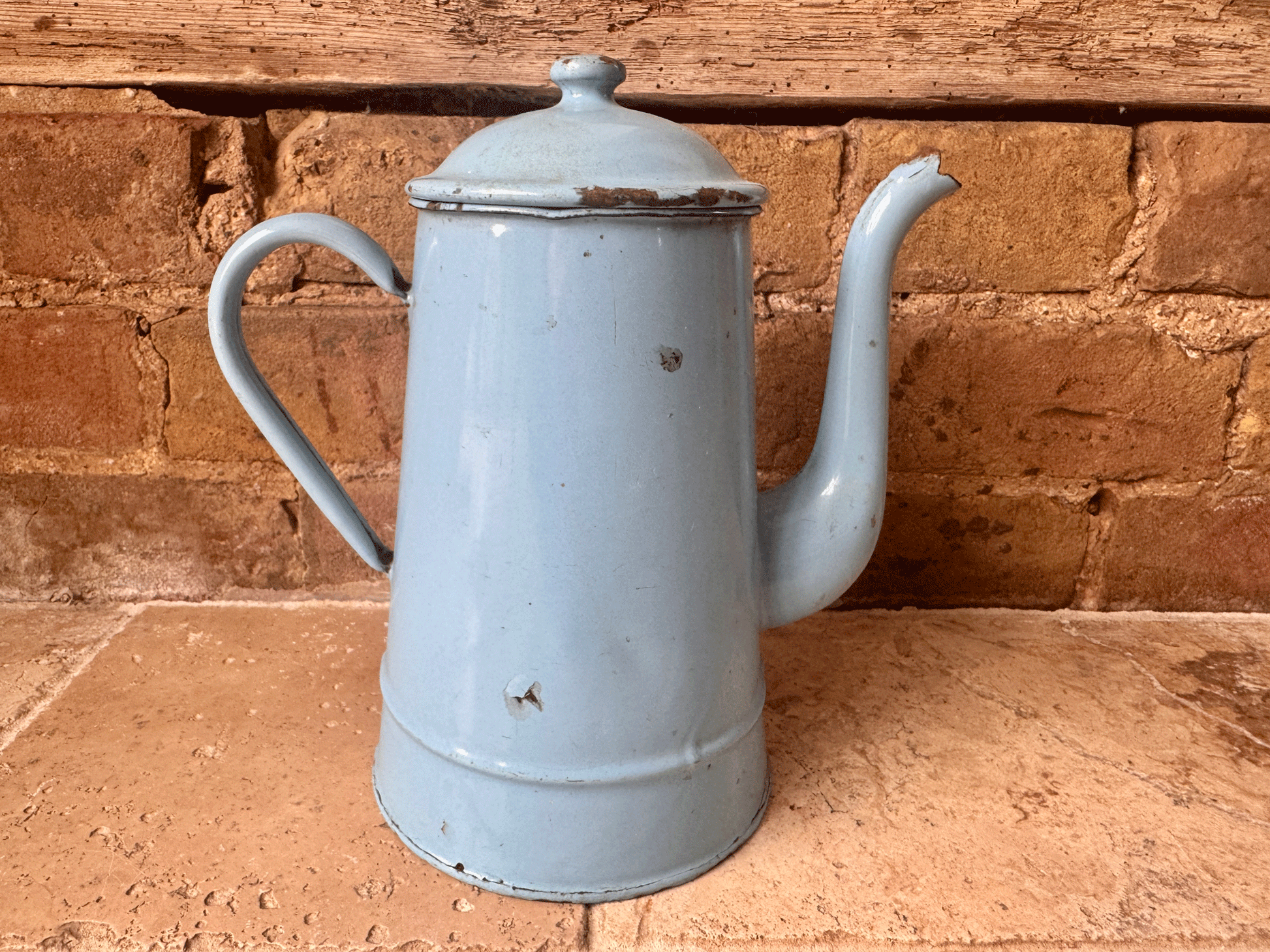 antique belgian blue enamel tall teapot coffee pot vintage kitchenalia