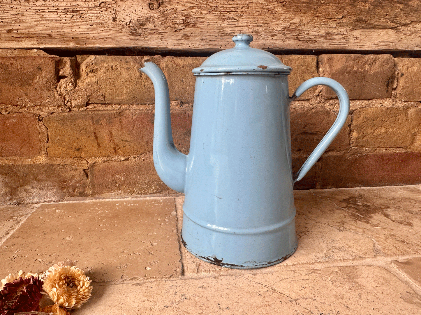 antique belgian blue enamel tall teapot coffee pot vintage kitchenalia
