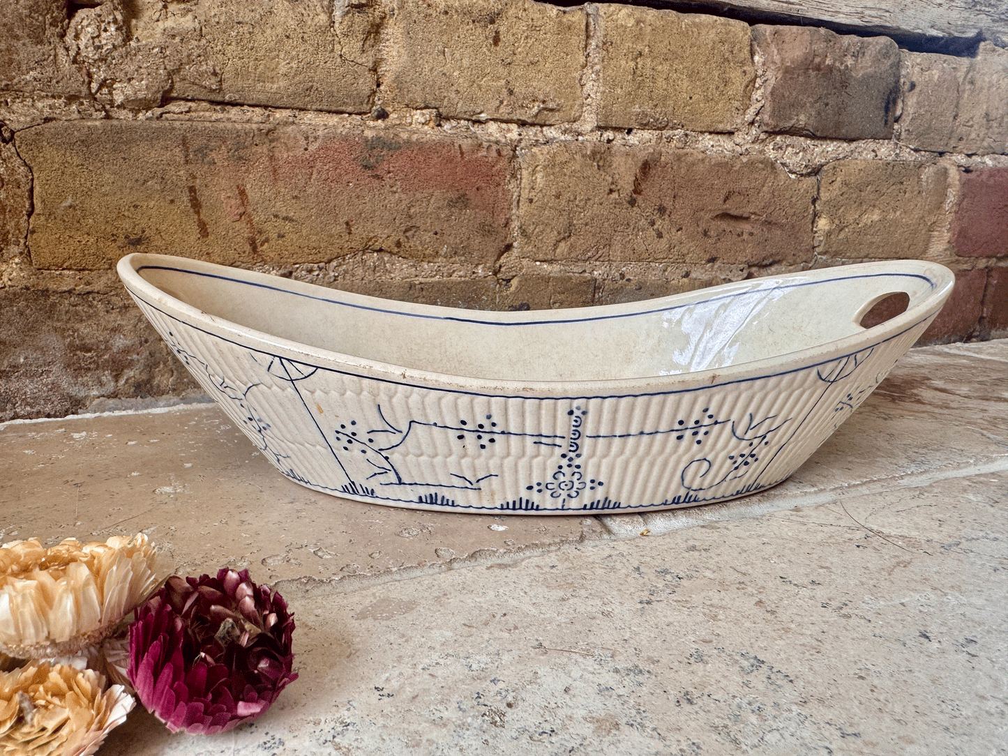 antique belgian transferware serving dish tureen boch freres lace blue fluted copenhagen pattern handles