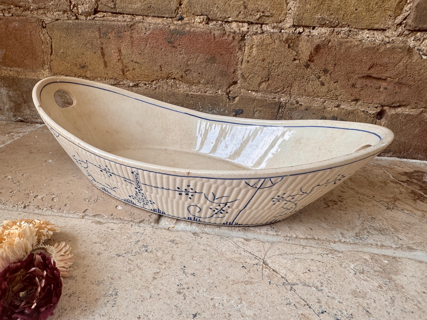 antique belgian transferware serving dish tureen boch freres lace blue fluted copenhagen pattern handles