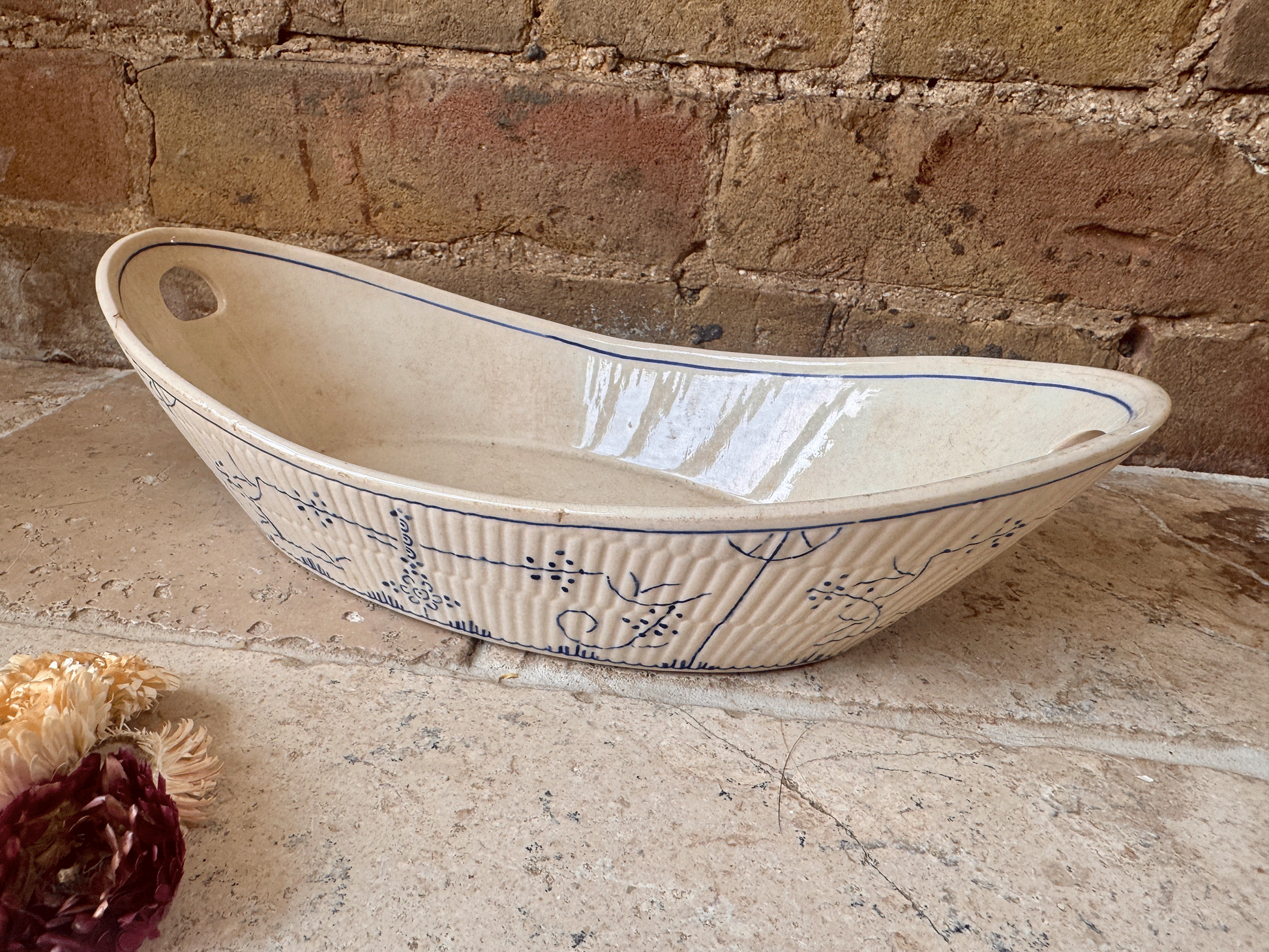antique belgian transferware serving dish tureen boch freres lace blue fluted copenhagen pattern handles