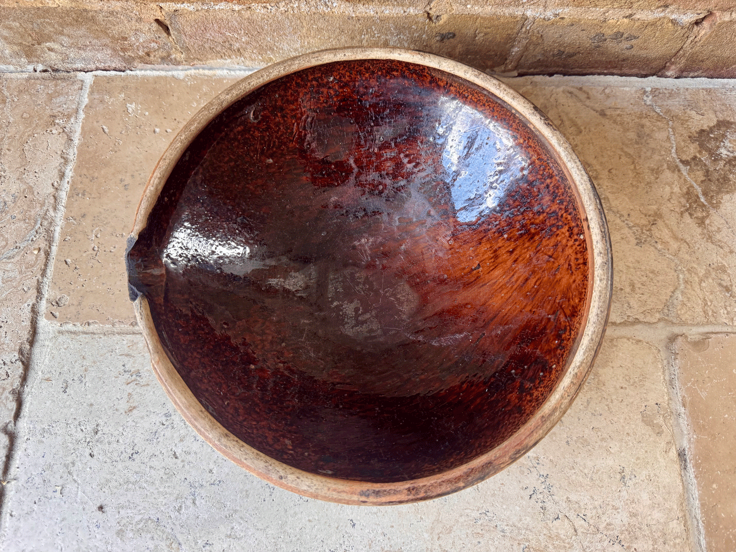 antique belgian decoratve pancheon dark brown glazed tian dairy mixing bowl milk pan terracotta