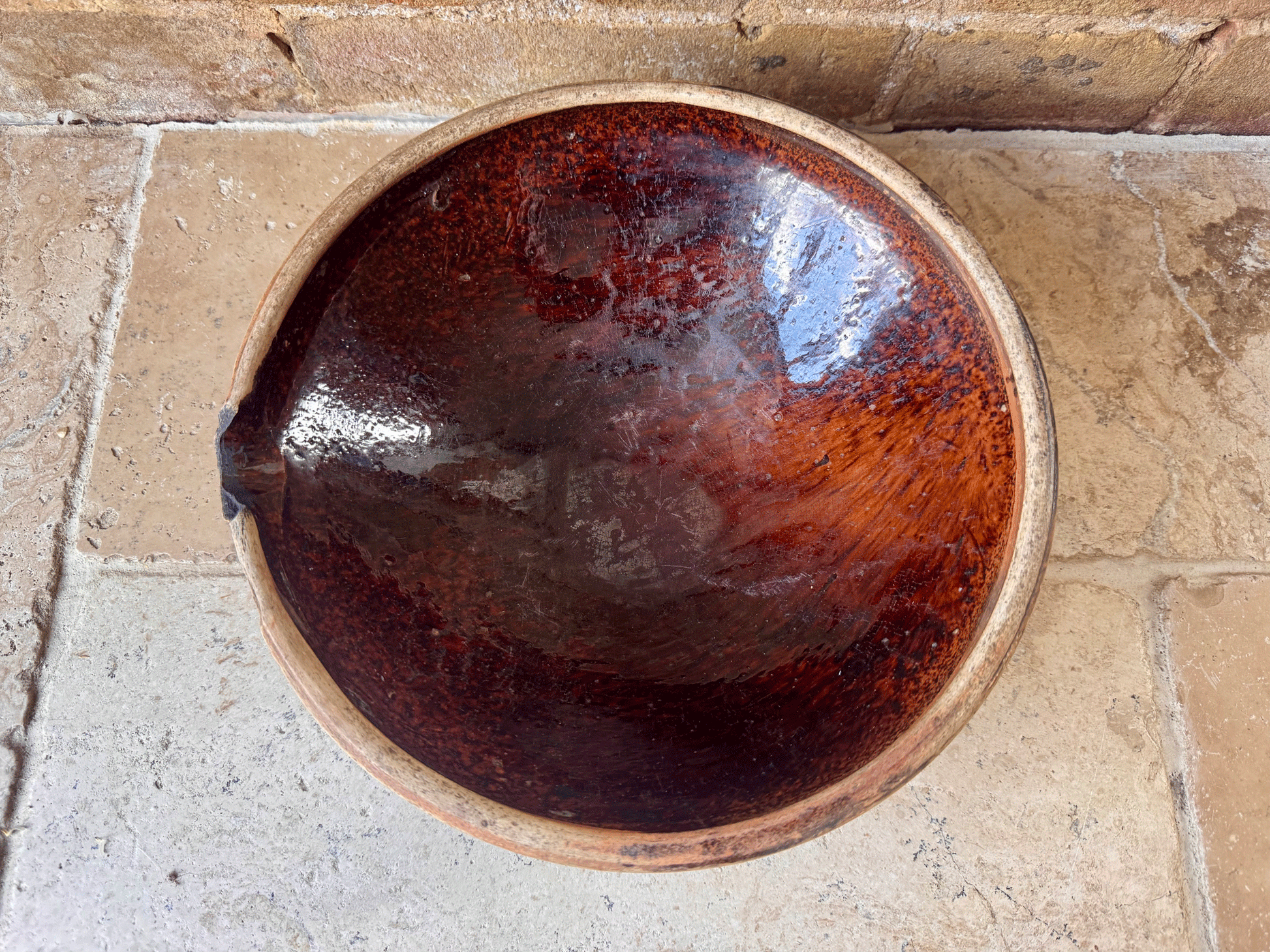 antique belgian decoratve pancheon dark brown glazed tian dairy mixing bowl milk pan terracotta