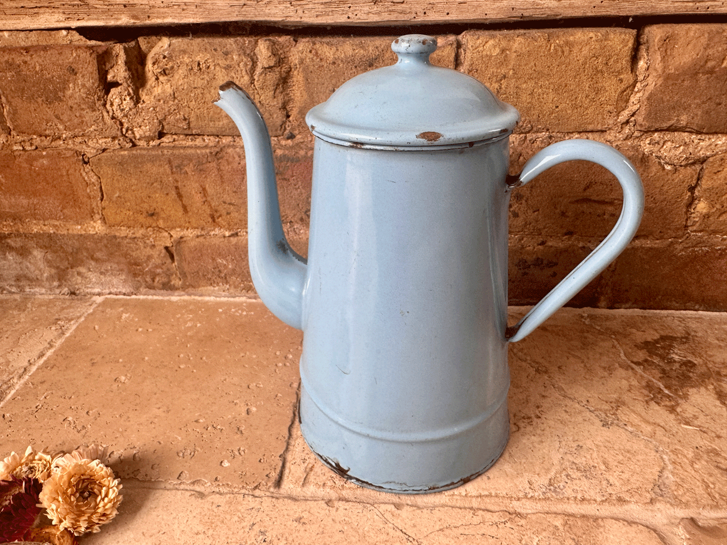 antique belgian blue enamel tall teapot coffee pot vintage kitchenalia