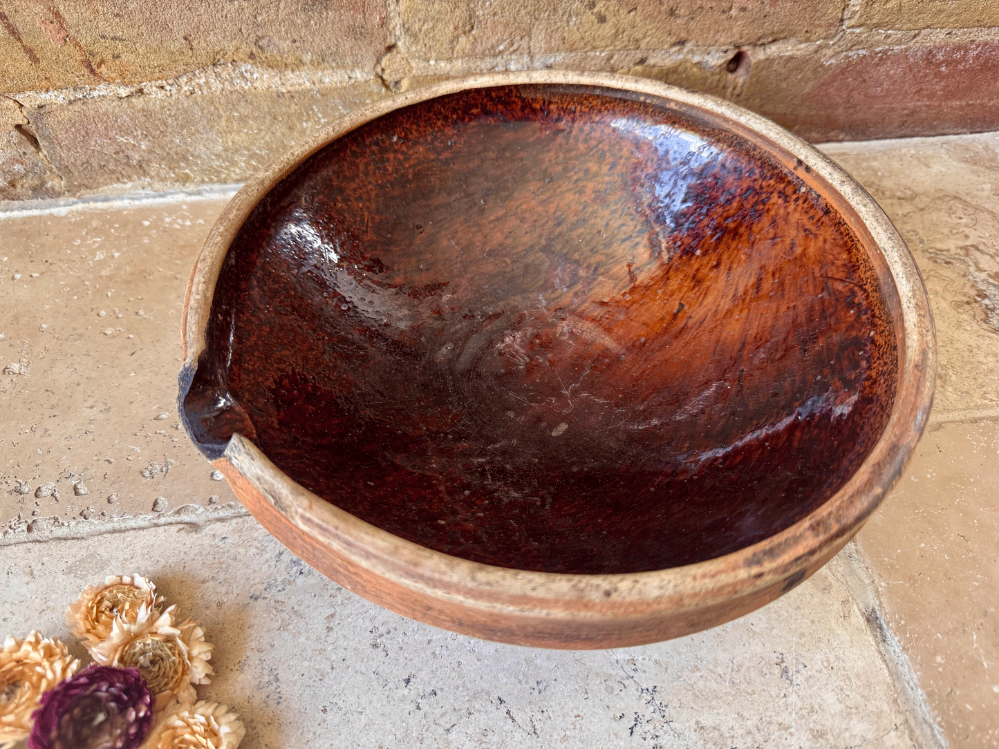 antique belgian decoratve pancheon dark brown glazed tian dairy mixing bowl milk pan terracotta
