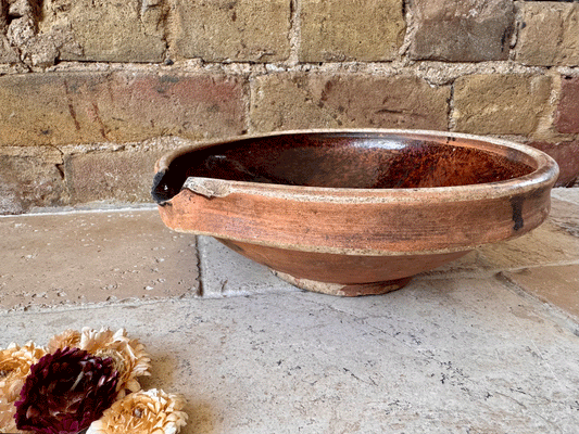 antique belgian decoratve pancheon dark brown glazed tian dairy mixing bowl milk pan terracotta