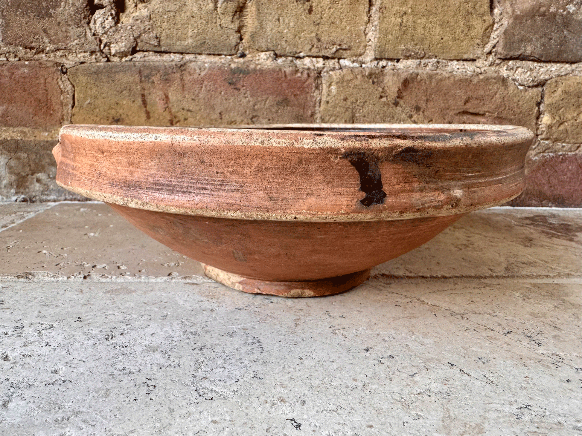 antique belgian decoratve pancheon dark brown glazed tian dairy mixing bowl milk pan terracotta