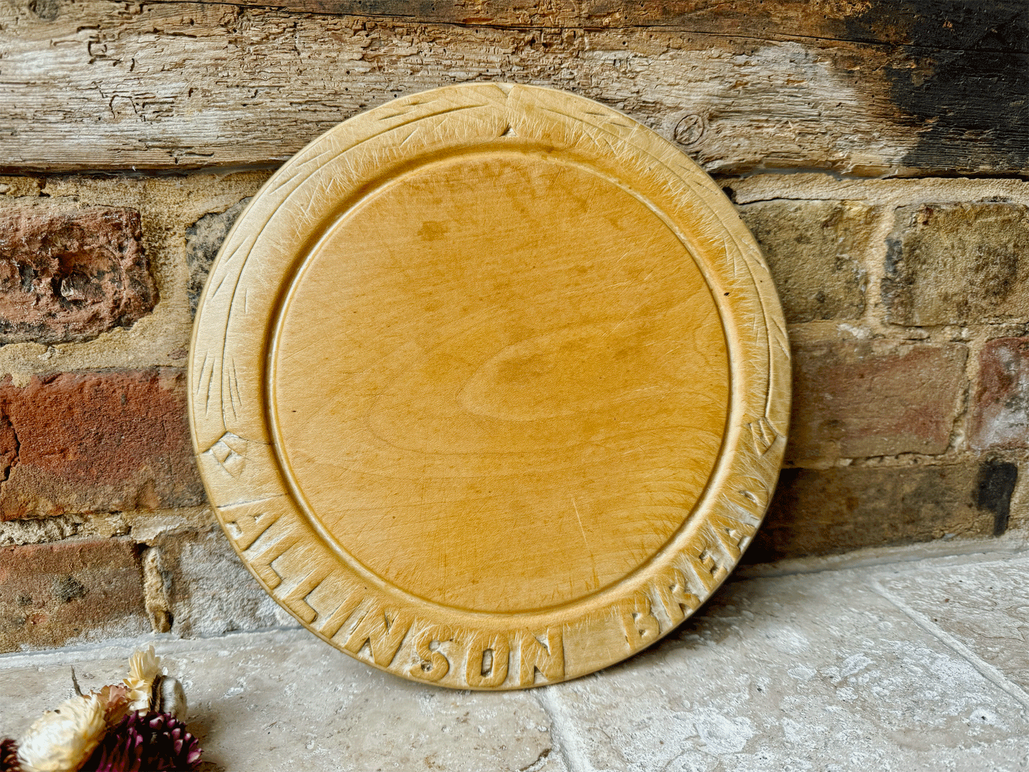 antique 1920s carved english wooden treen bread board advertising allinson flour