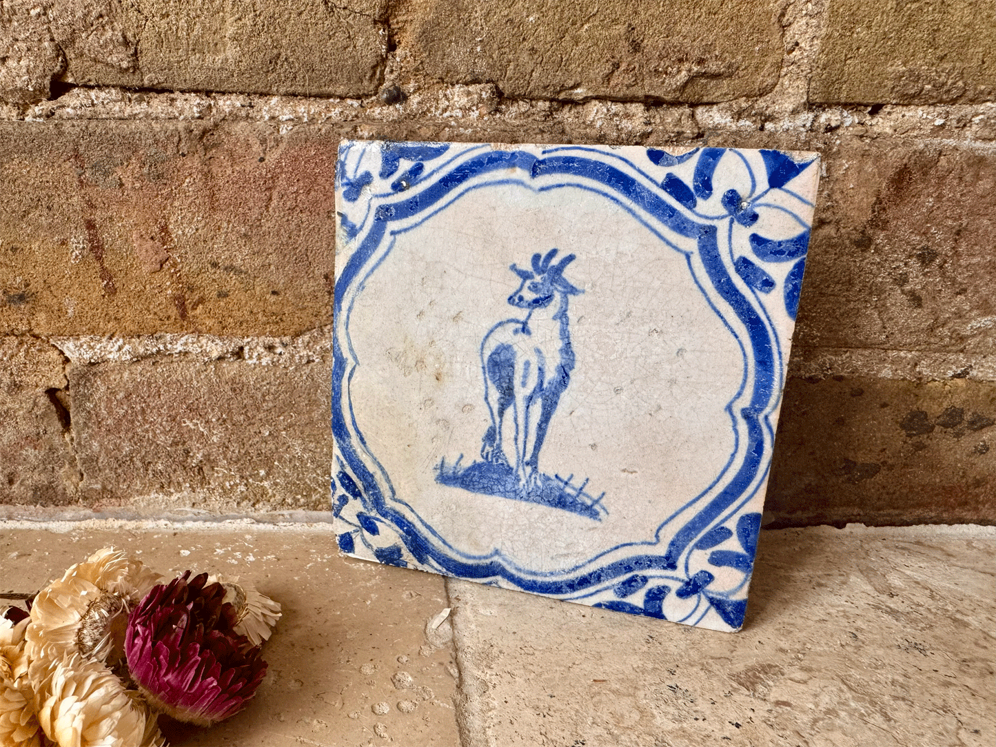 antique dutch rare 17th century 1600s delft tile animal goat