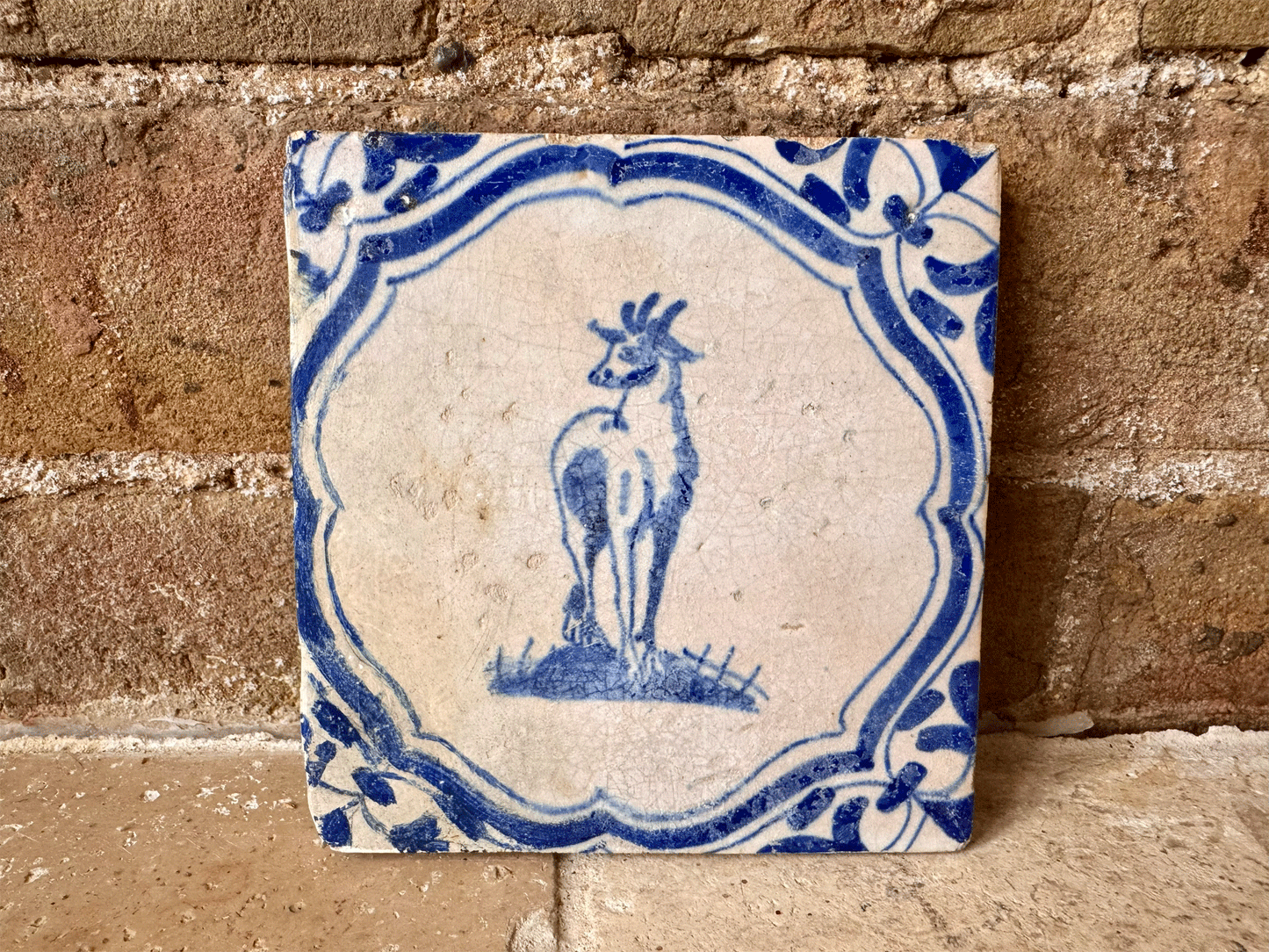 antique dutch rare 17th century 1600s delft tile animal goat