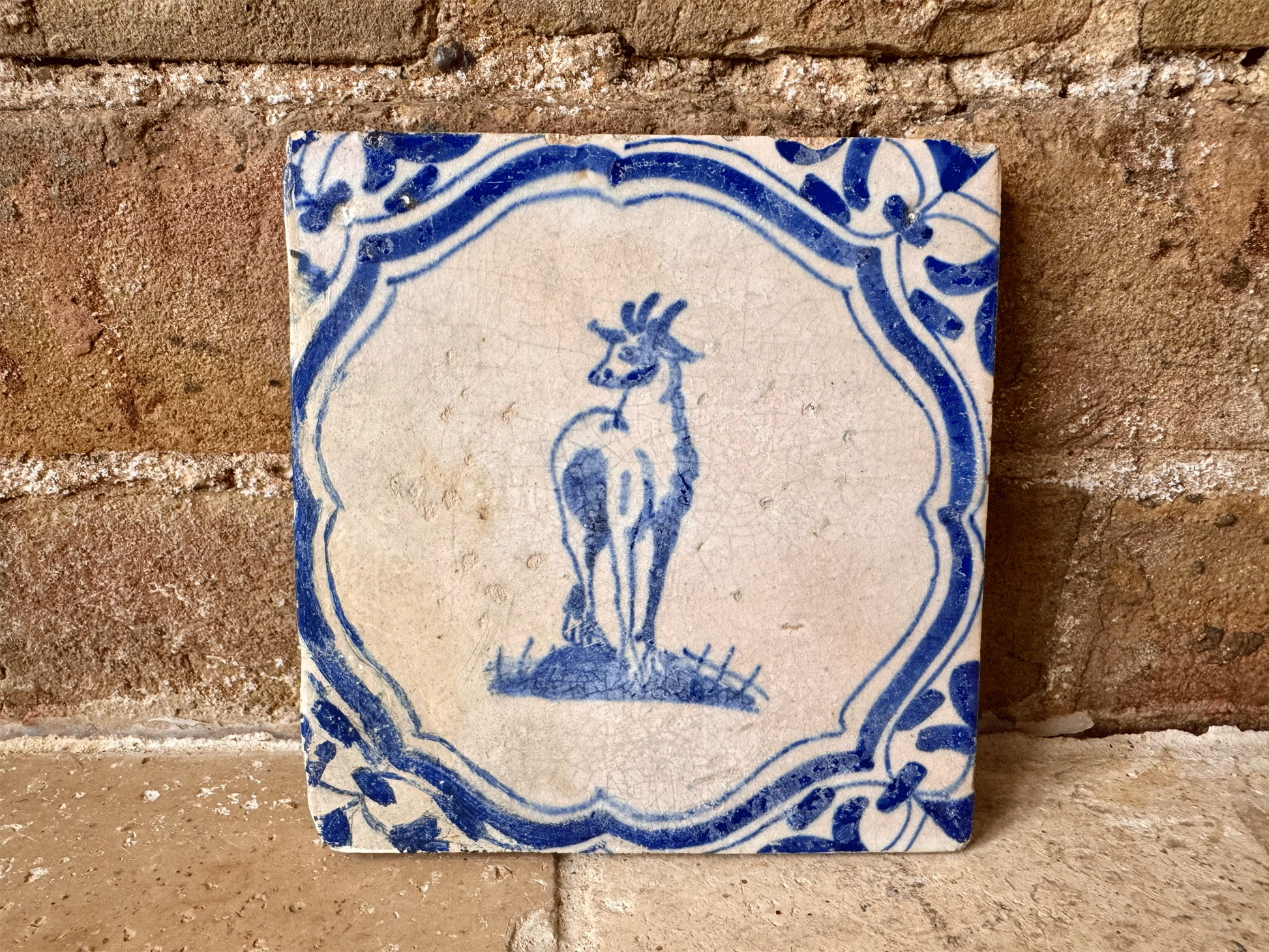 antique dutch rare 17th century 1600s delft tile animal goat