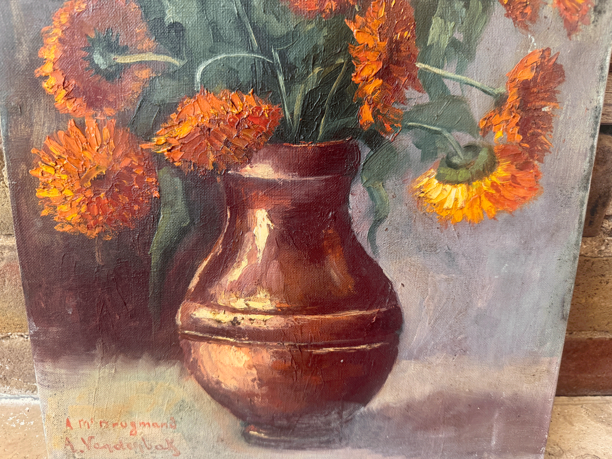 antique dutch belgian signed floral oil paintingstill life marigolds stoneware vase impasto moody