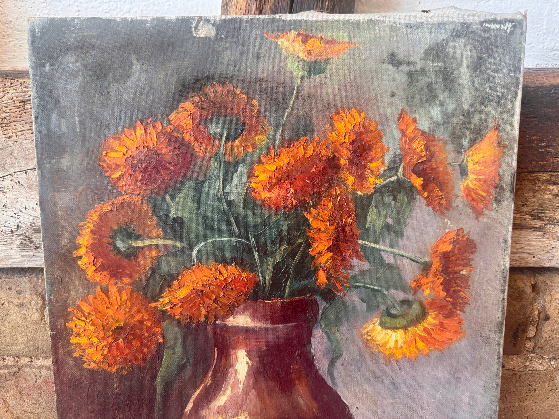 antique dutch belgian signed floral oil paintingstill life marigolds stoneware vase impasto moody