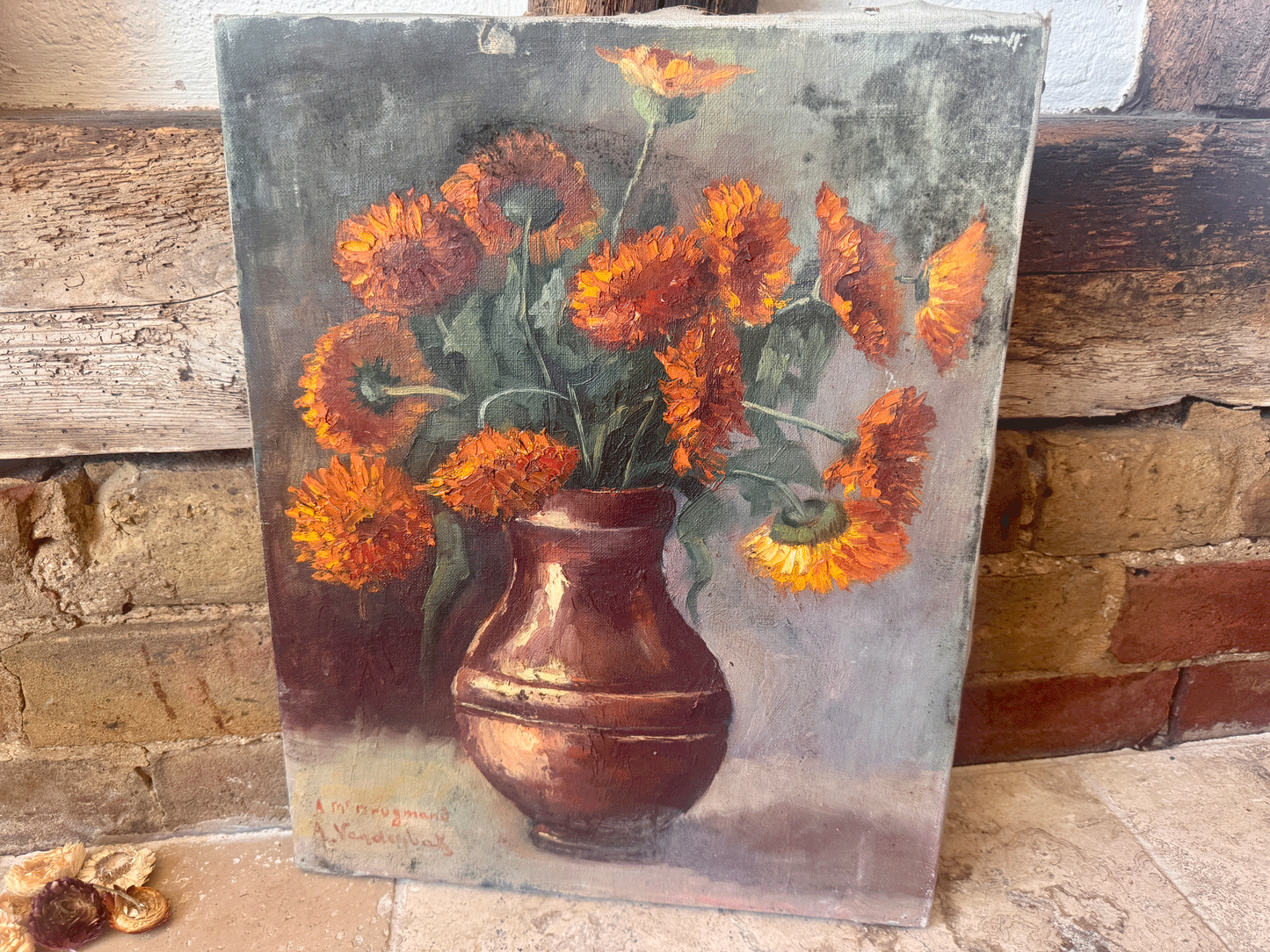 antique dutch belgian signed floral oil paintingstill life marigolds stoneware vase impasto moody