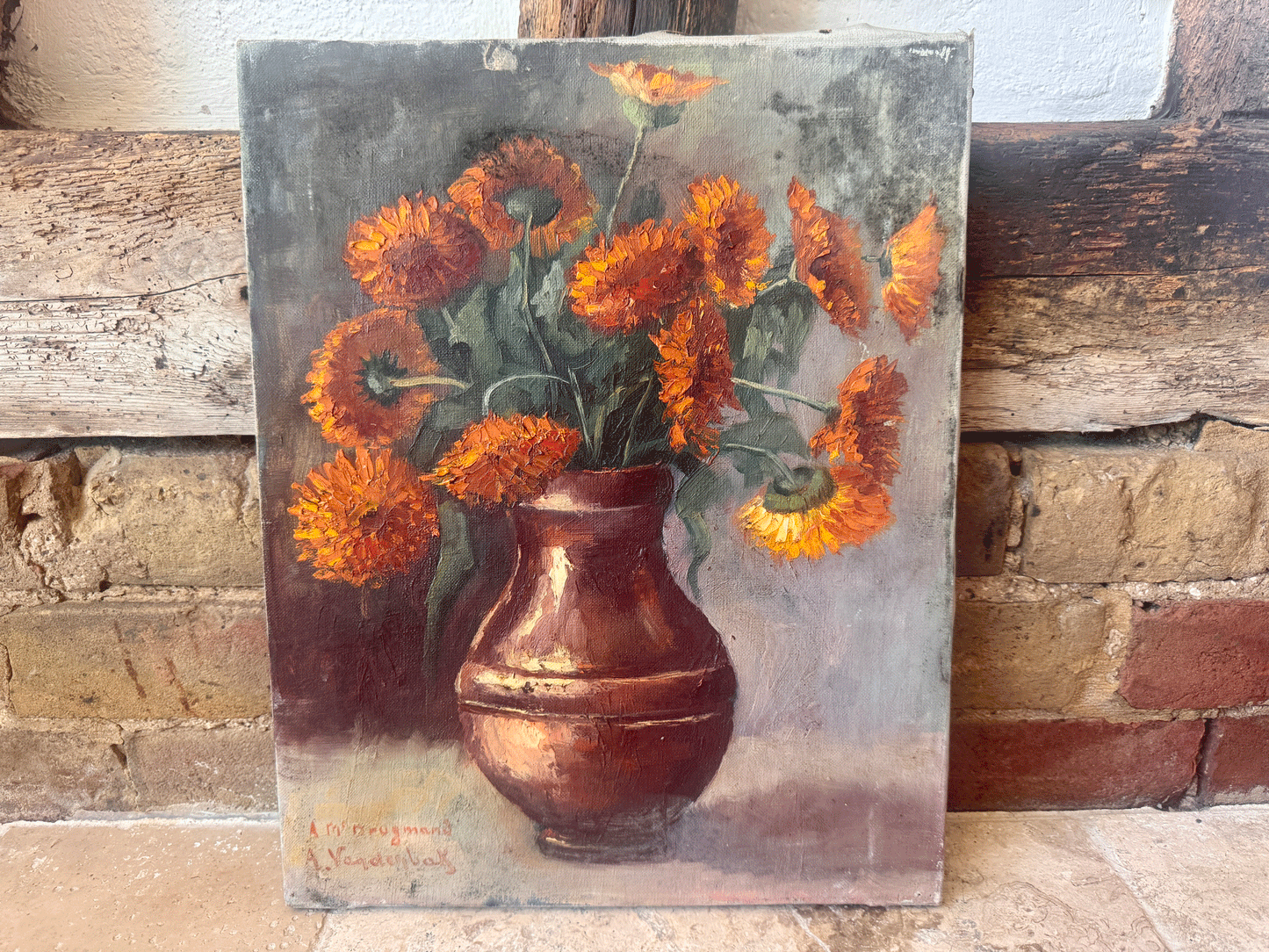 antique dutch belgian signed floral oil paintingstill life marigolds stoneware vase impasto moody