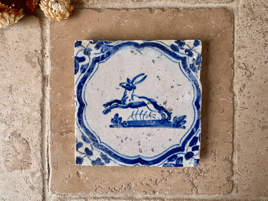 antique dutchrare 17th century 1600s delft blue white tile animal leaping roe deer