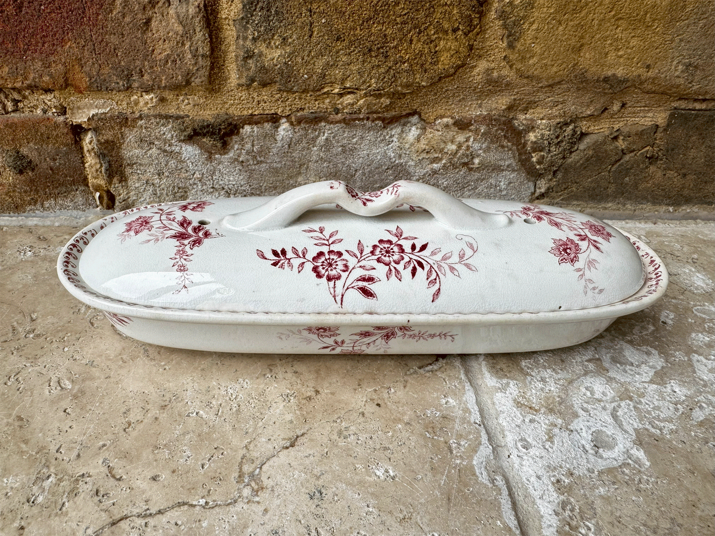 antique dutch societe ceramique pink transferware ironstone razor soap trinket lidded dish