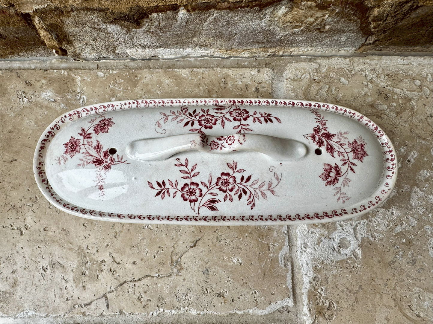 antique dutch societe ceramique pink transferware ironstone razor soap trinket lidded dish