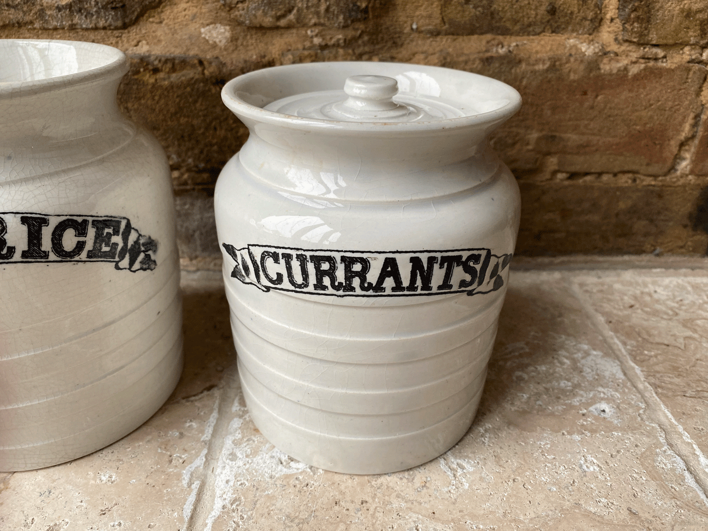 antique edwardian banded white ironstone kitchen storage jar ribbon banner currants ground rice