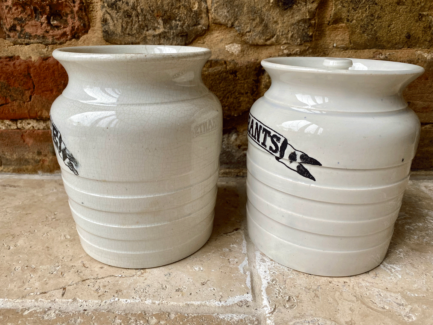 antique edwardian banded white ironstone kitchen storage jar ribbon banner currants ground rice