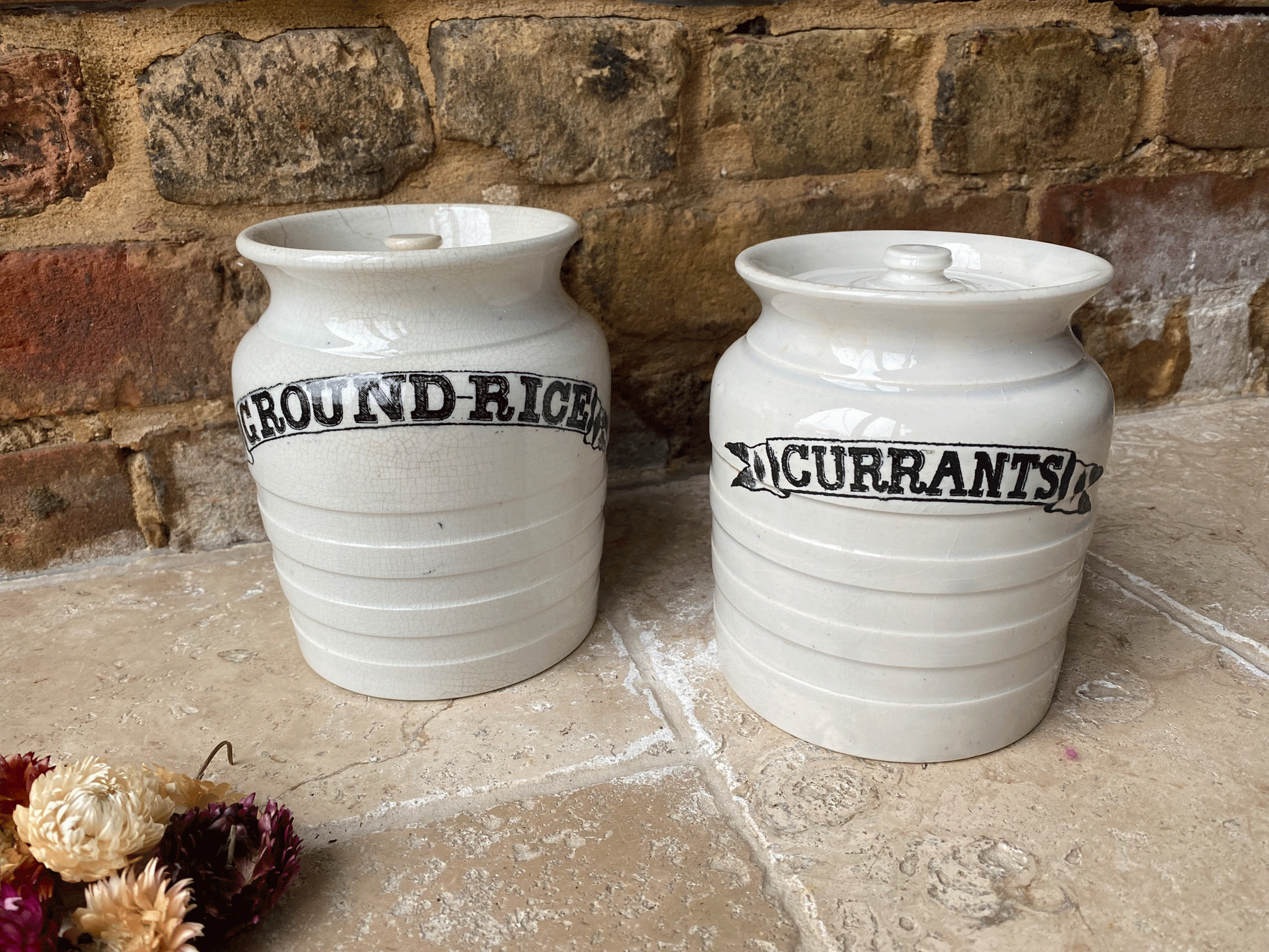 antique edwardian banded white ironstone kitchen storage jar ribbon banner currants ground rice