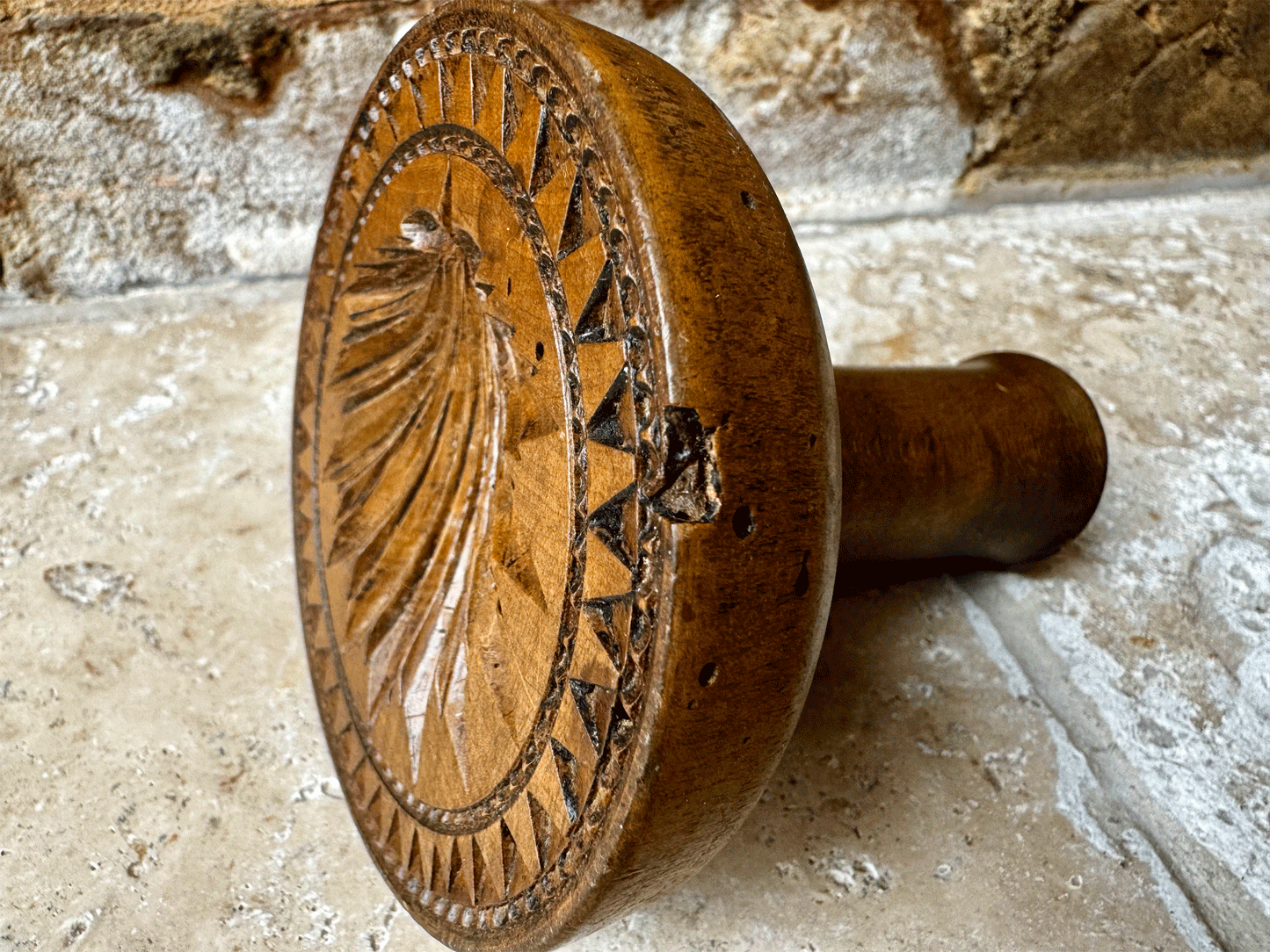 antique edwardian large deeply carved treen wooden butter stamp shell star