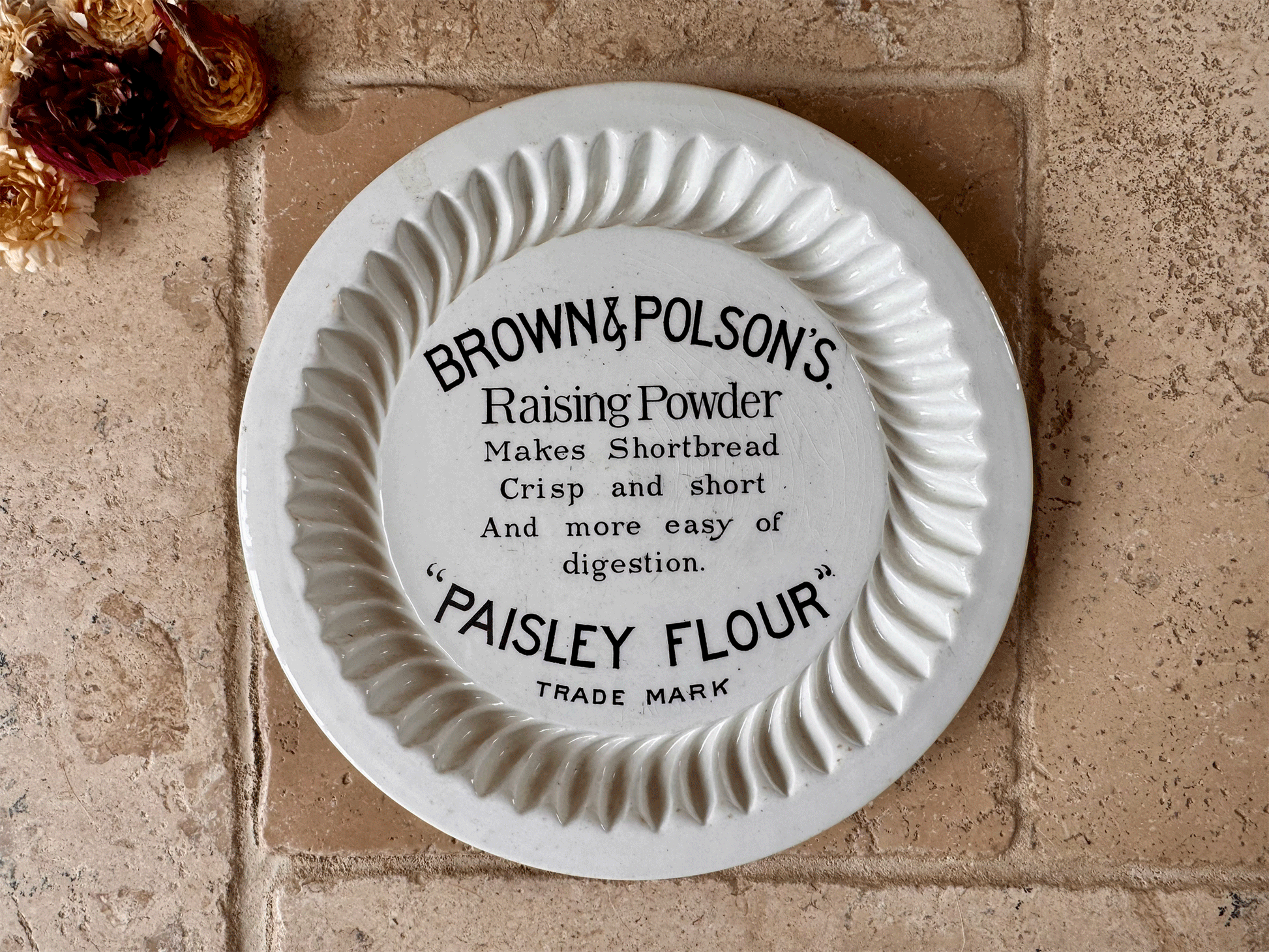 antique edwardian english white ironstone shortlbread mould advertising brown polson paisley flour