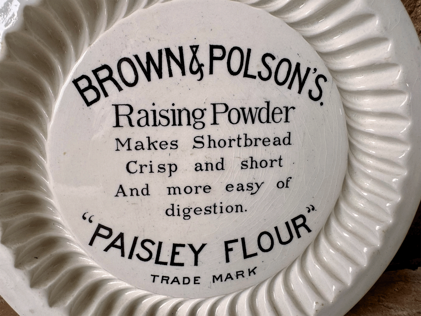 antique edwardian english white ironstone shortlbread mould advertising brown polson paisley flour
