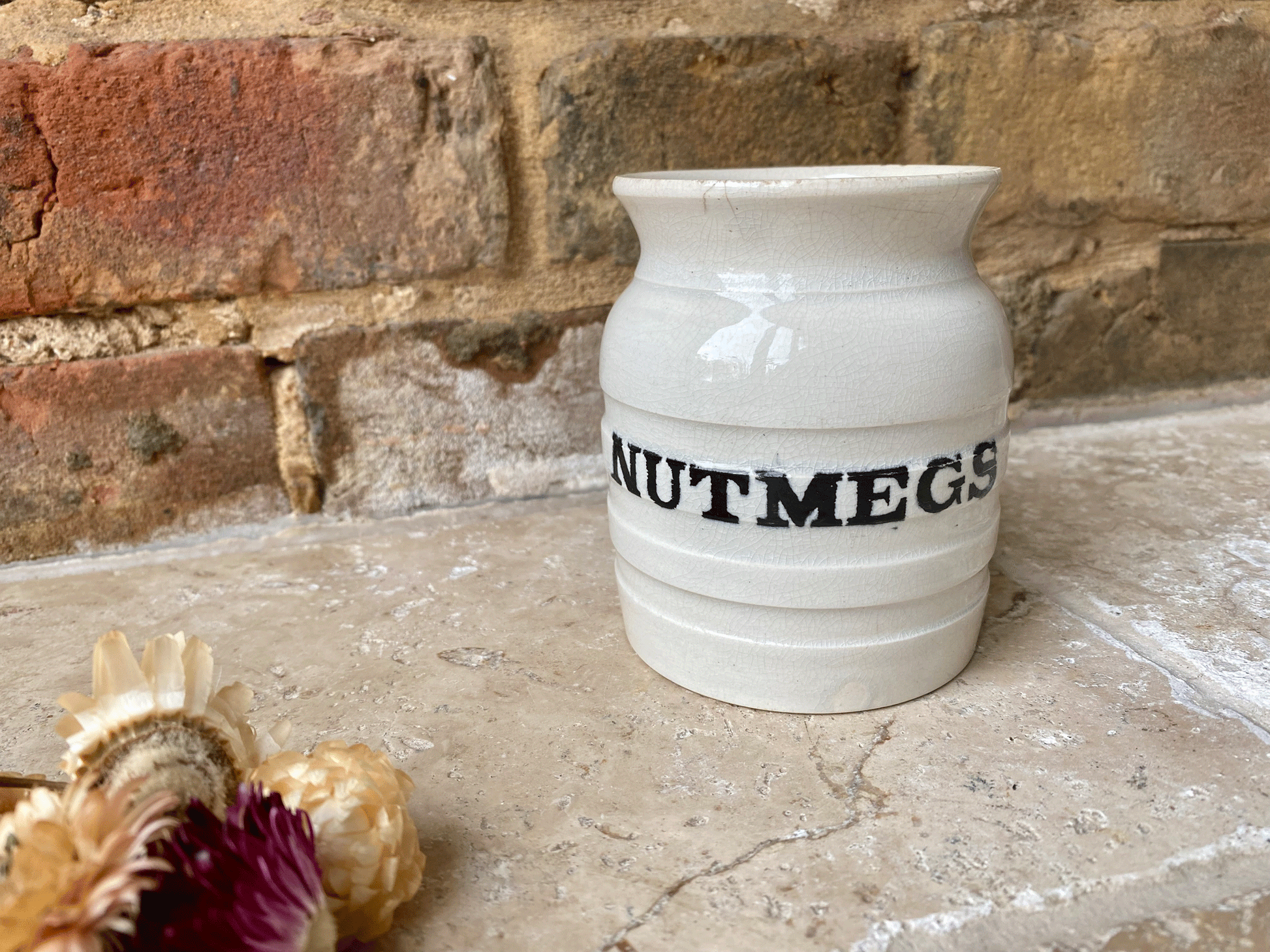 rare antique edwardian white ironstone banded kitchen storage jar canister nutmegs