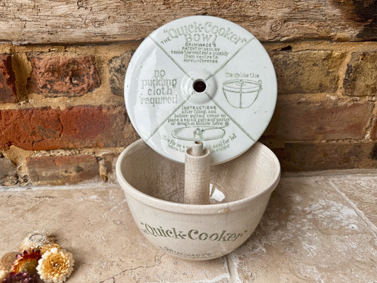 rare antique edwardian early white ironstone grimwades quick cooker advertising green transfer print