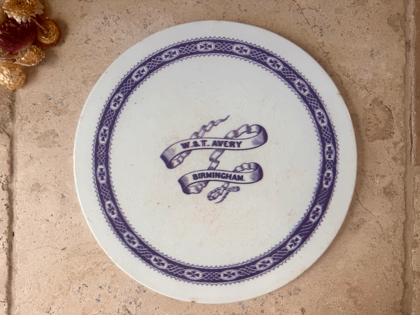 rare large antique edwardian white ironstone purple transferware wt avery advertising scale plate cheese platter