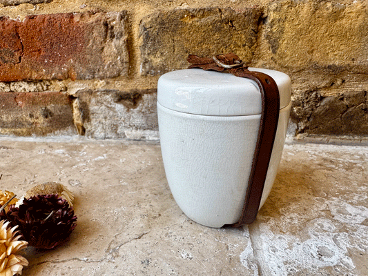 antique edwardian rare ironstone picnic butter preserve pot jar leather strap