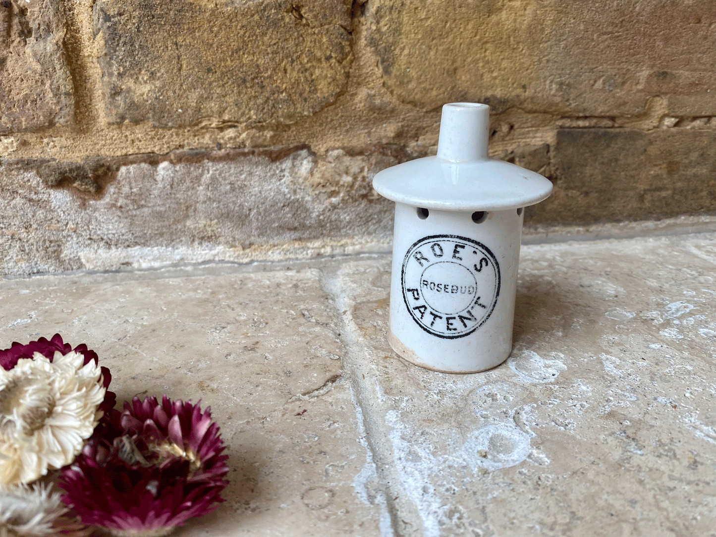 rare antique early 20th century roes rosebud patent white ironstone advertising pie funnel vent