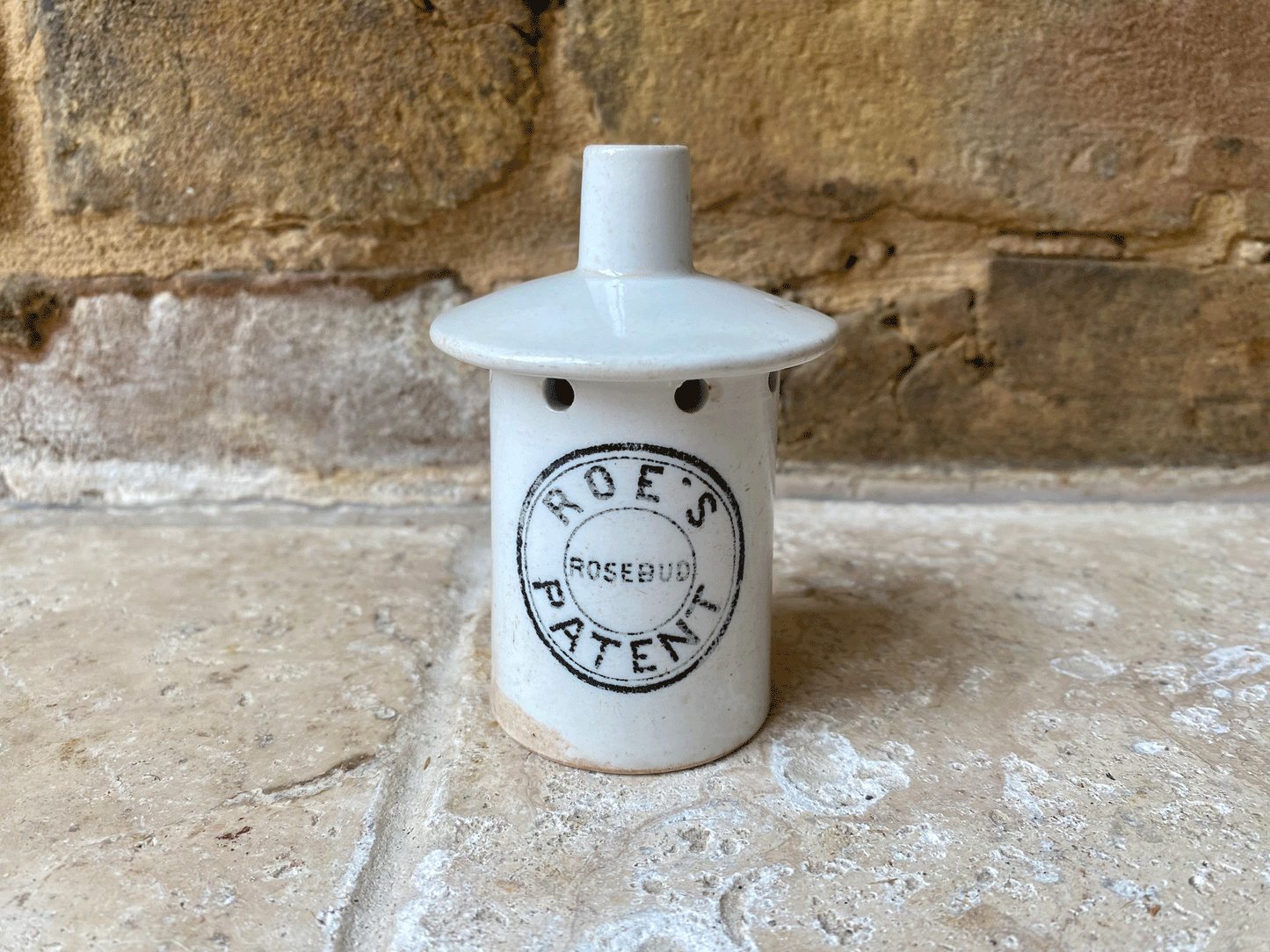 rare antique early 20th century roes rosebud patent white ironstone advertising pie funnel vent