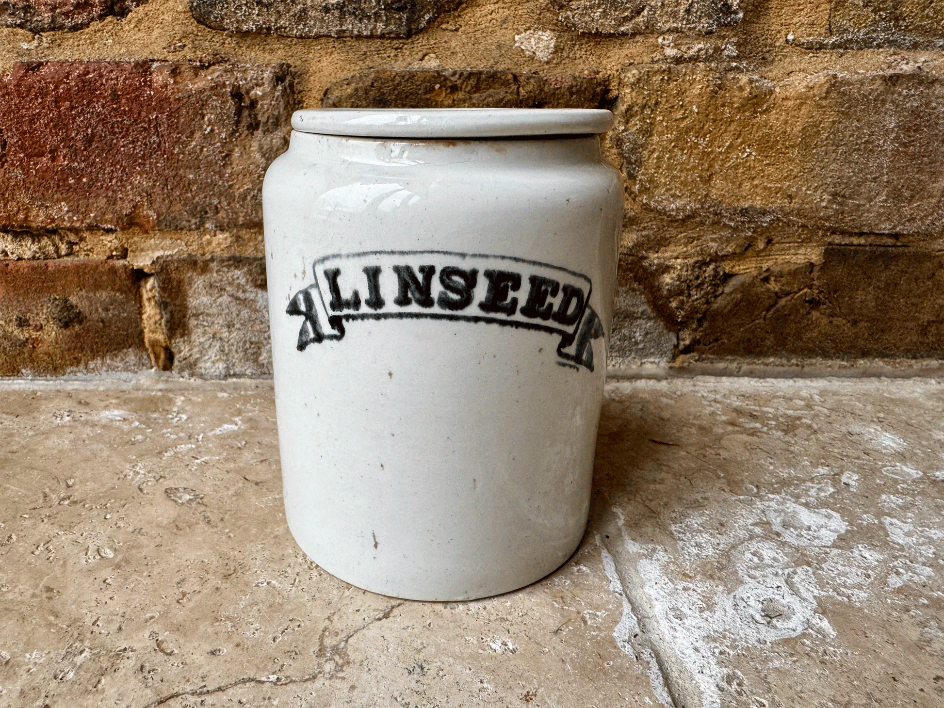 rare antique edwardian white ironstone kitchen storage jar canister black undergalze label linseed