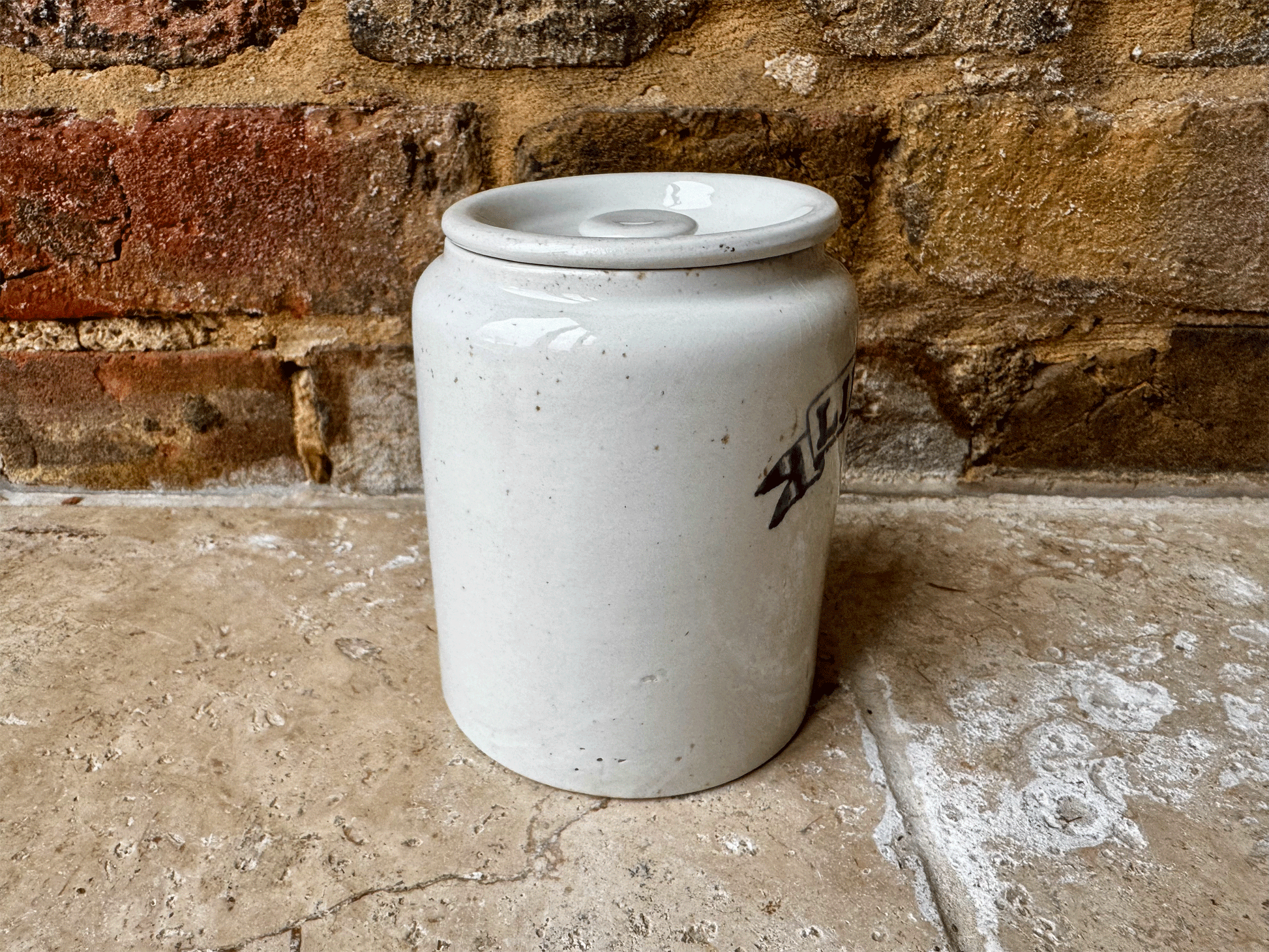 rare antique edwardian white ironstone kitchen storage jar canister black undergalze label linseed