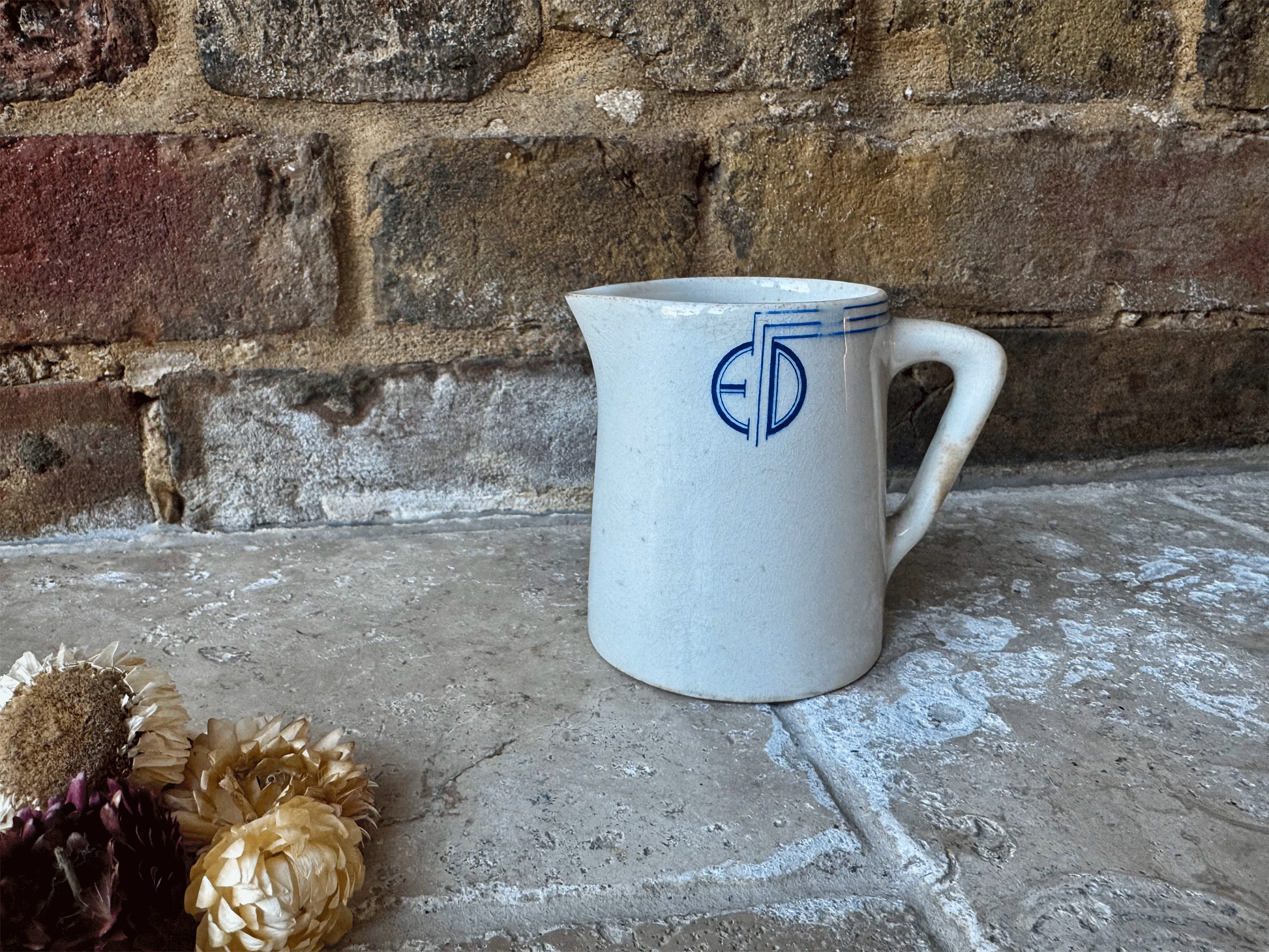 rare antique edwardian white ironstone advertising jug blue typography ed initials express dairies