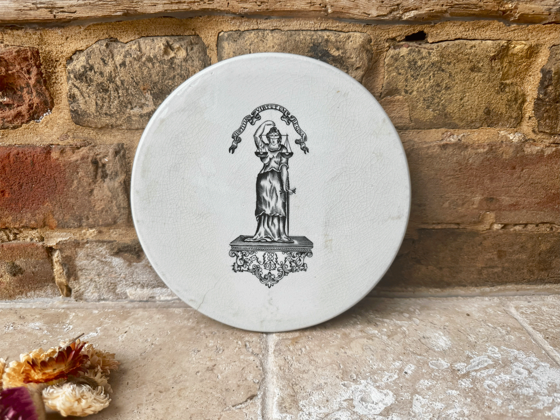 antique edwardian white ironstone advertising scale plate justitia virtutum regina