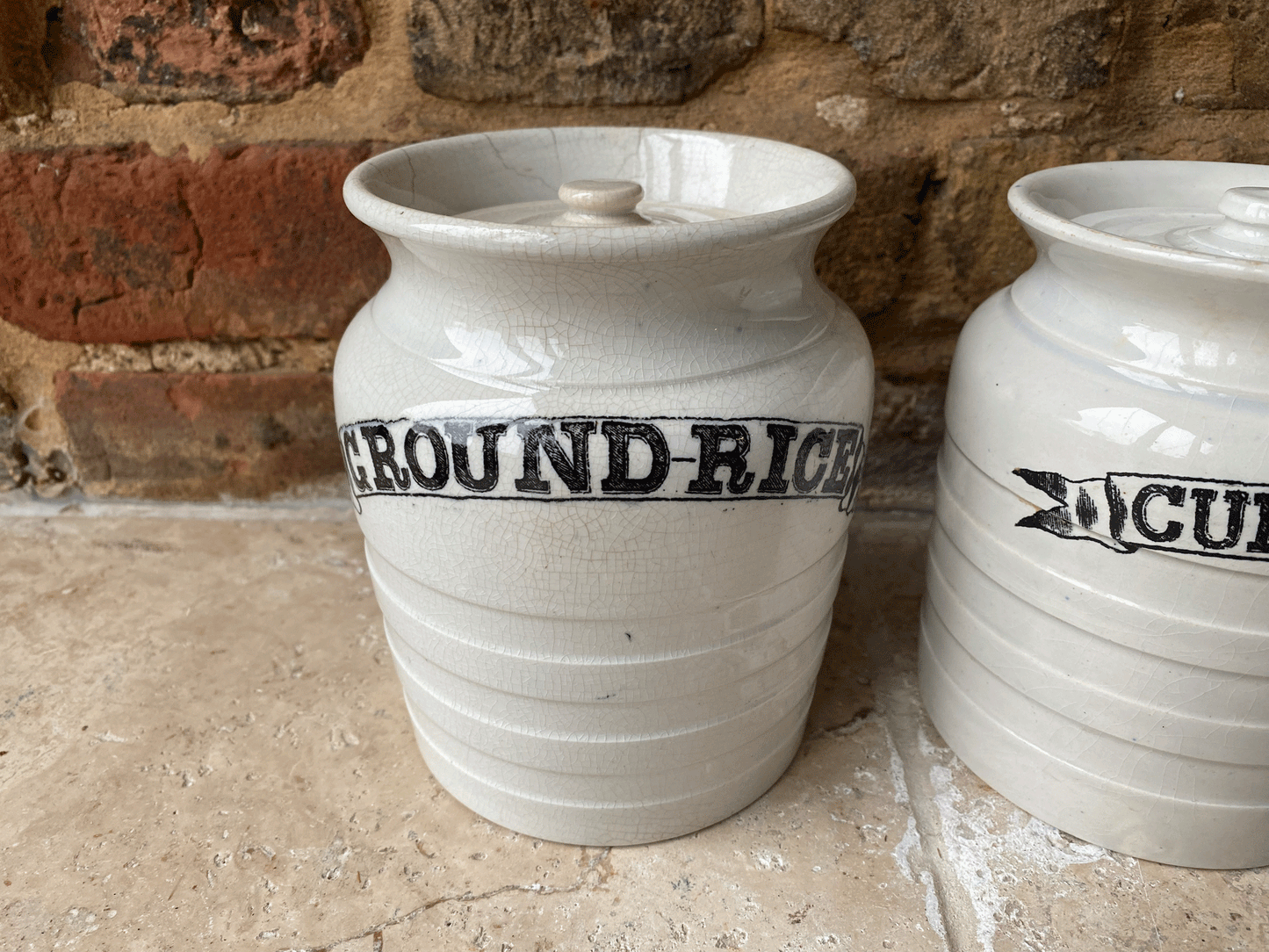 antique edwardian banded white ironstone kitchen storage jar ribbon banner currants ground rice