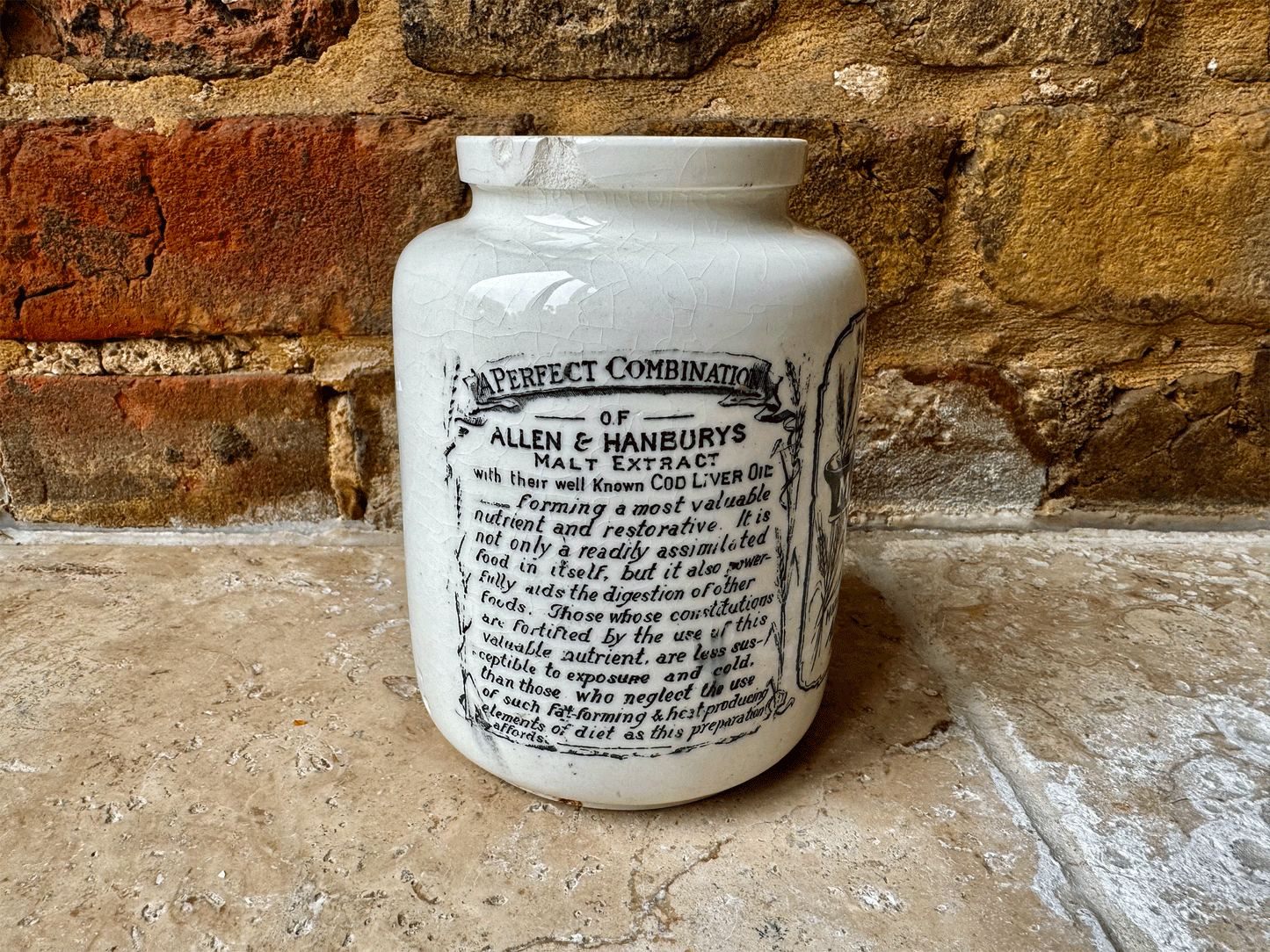 antique victorian rare large allen hanbury bynol malt oil extract ironstone english advertising pot