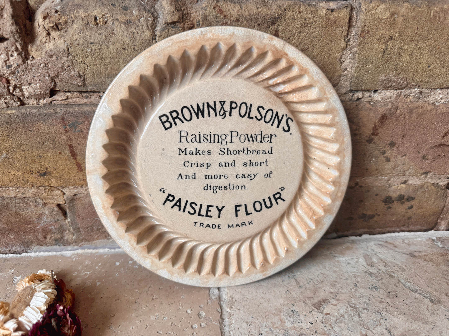 antique edwardian white ironstone stained brown polson paisley flour advertising shortbread mould