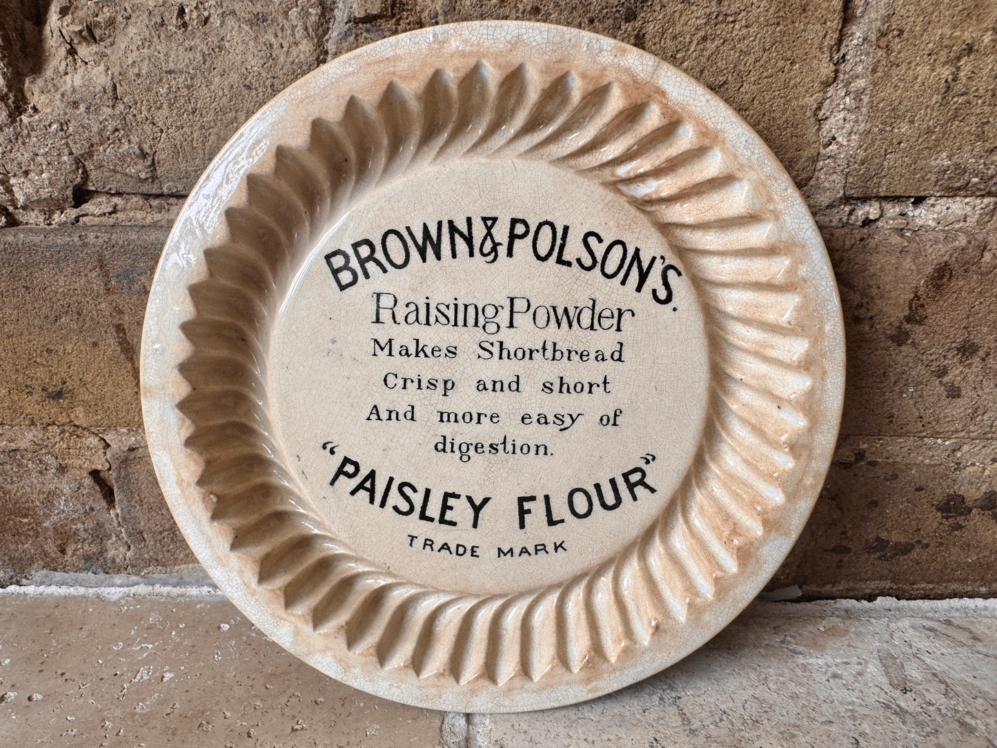 antique edwardian white ironstone stained brown polson paisley flour advertising shortbread mould