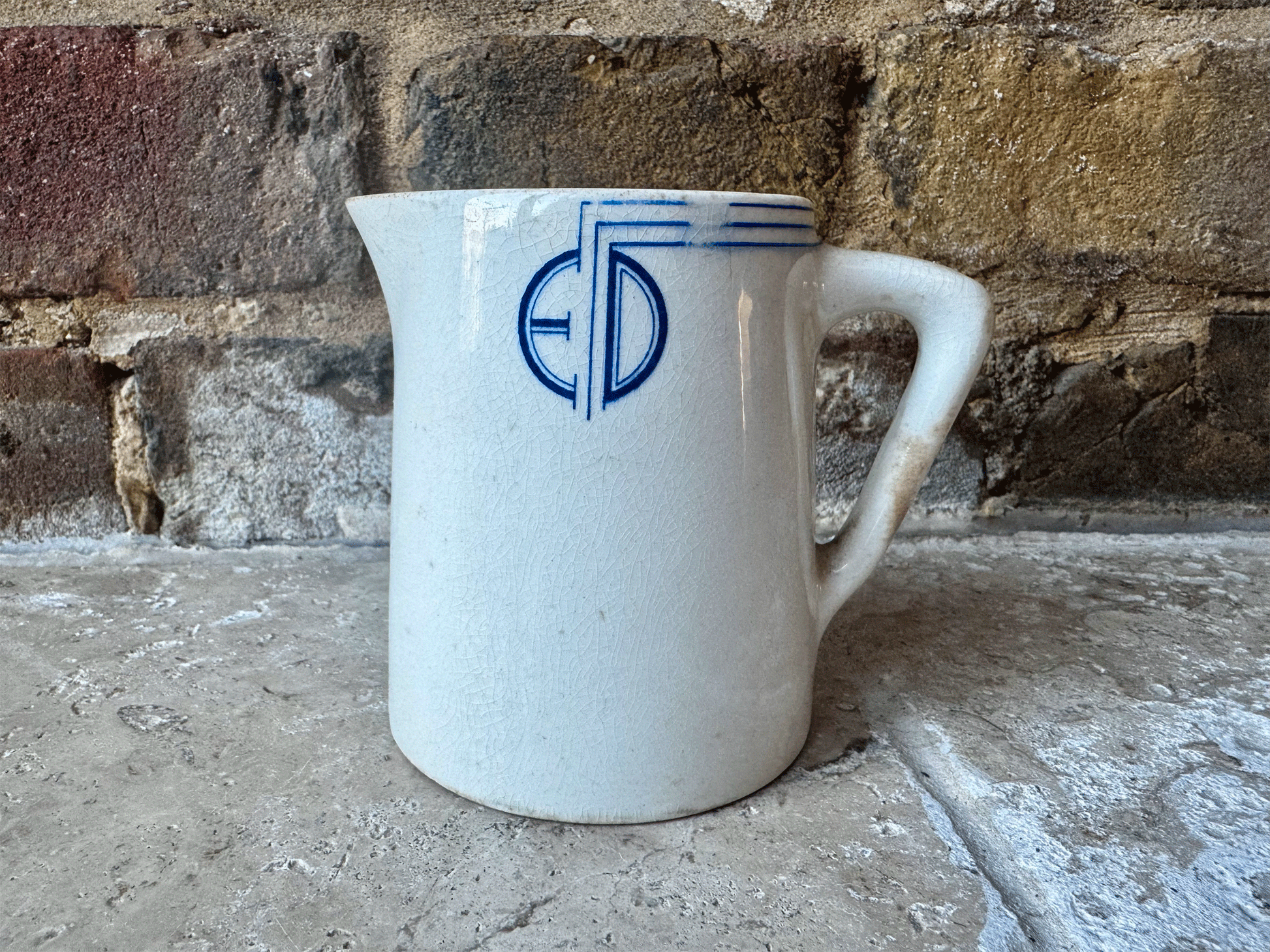 rare antique edwardian white ironstone advertising jug blue typography ed initials express dairies