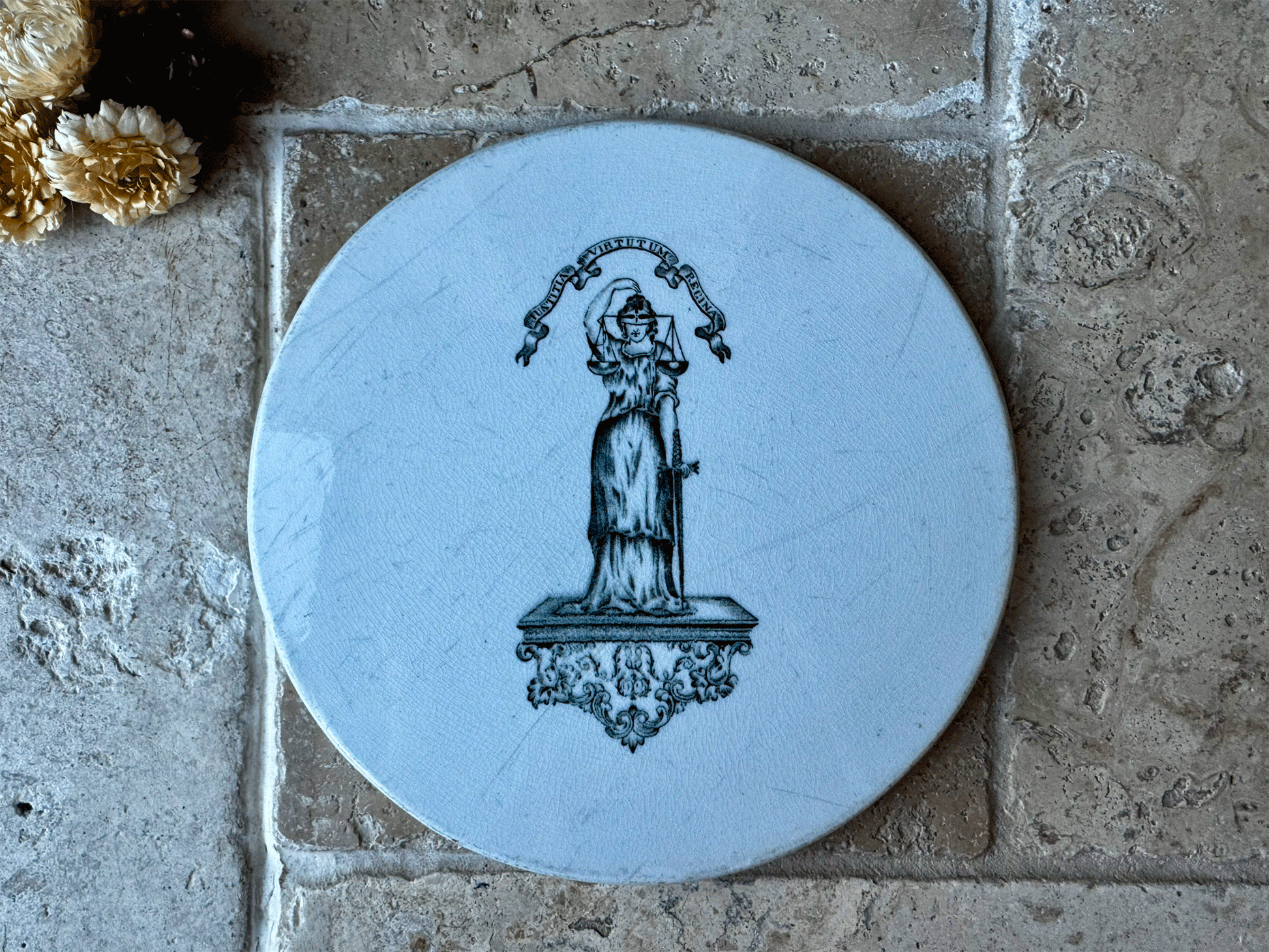 antique edwardian white ironstone advertising scale plate justitia virtutum regina cheese board