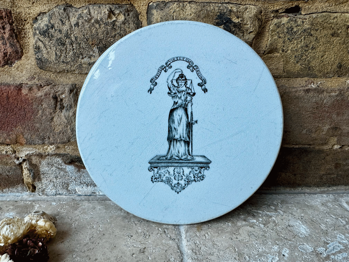 antique edwardian white ironstone advertising scale plate justitia virtutum regina cheese board