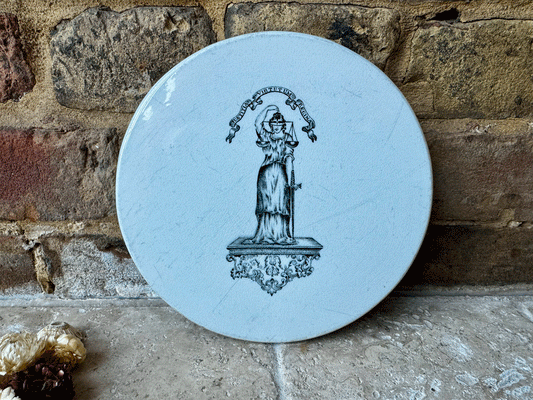 antique edwardian white ironstone advertising scale plate justitia virtutum regina cheese board