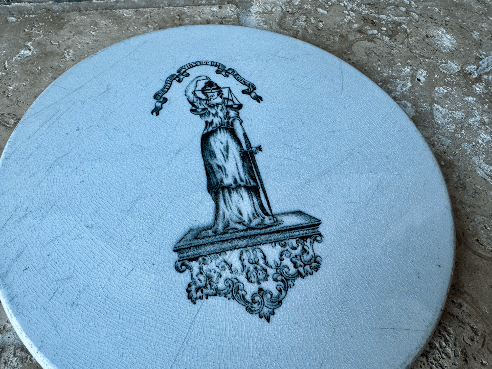 antique edwardian white ironstone advertising scale plate justitia virtutum regina cheese board