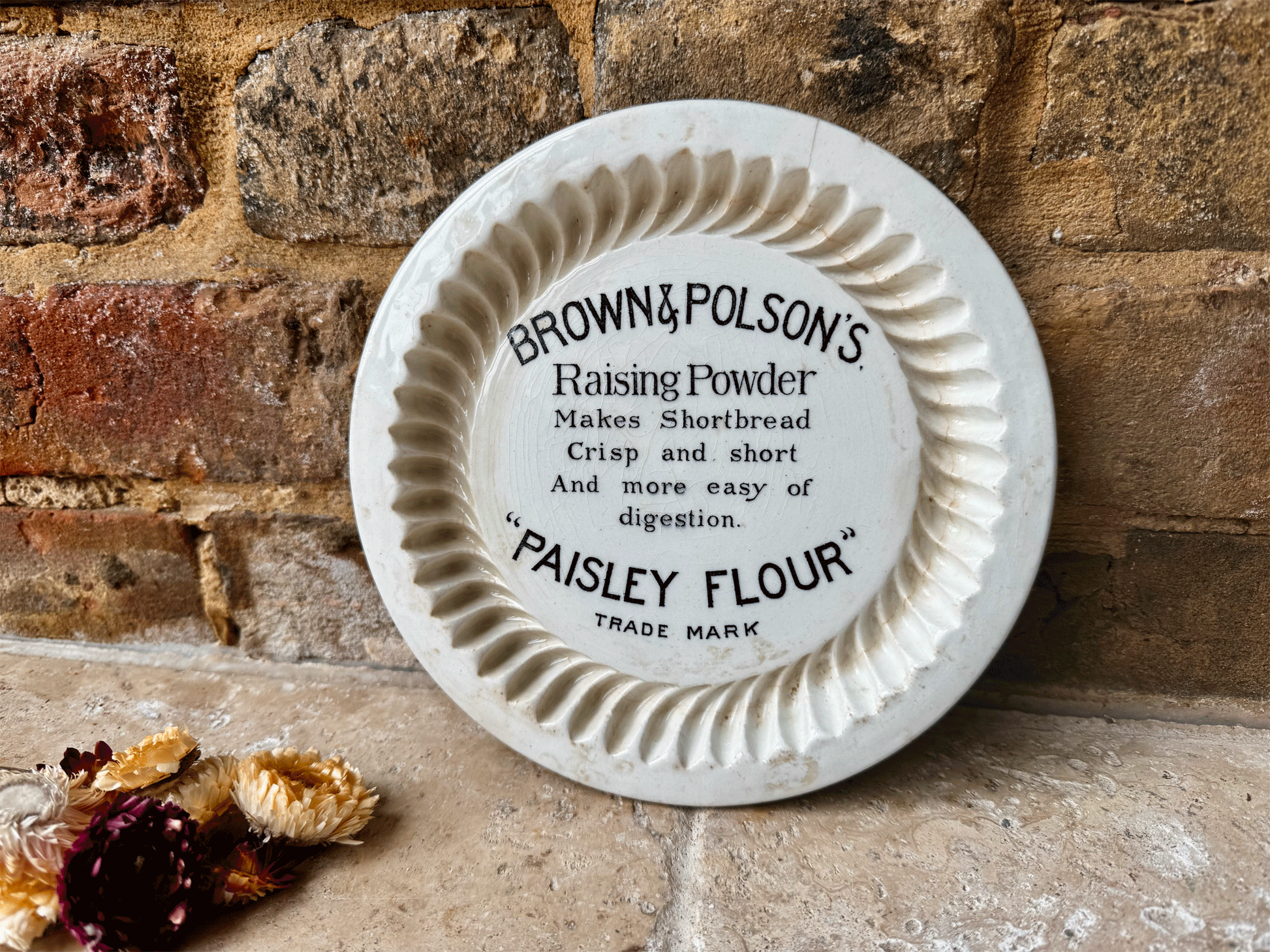 antique edwardian white ironstone doulton burslem advertising shortbread mould brown polson paisley flour