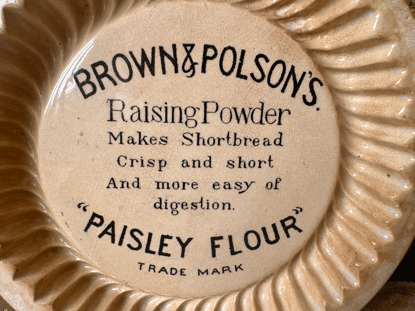 antique edwardian white ironstone stained brown polson paisley flour advertising shortbread mould